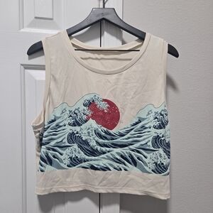 SHEIN Beige Crop Top with Wave and Red Sun Design